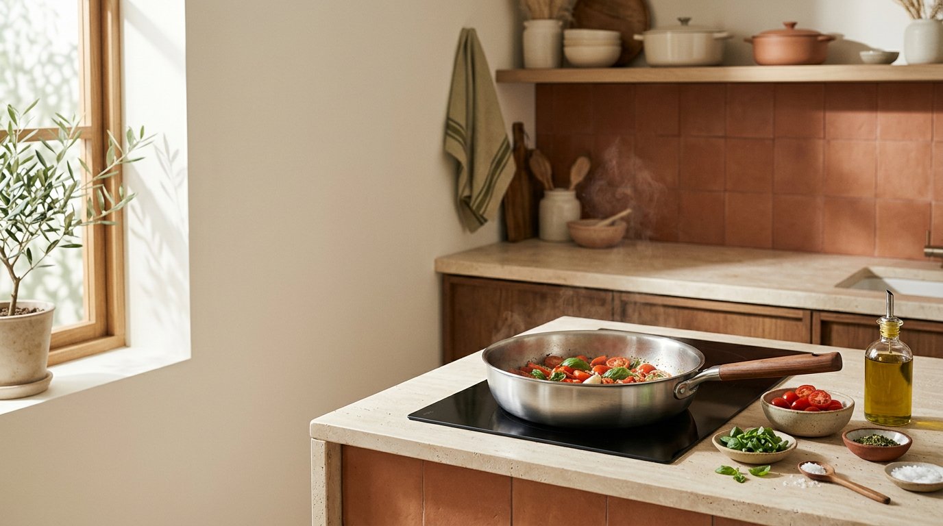 Warm, sunlit kitchen counter prepared for cooking