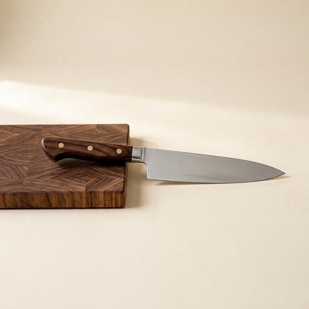 Walnut handled kitchen knife beside a chopping board