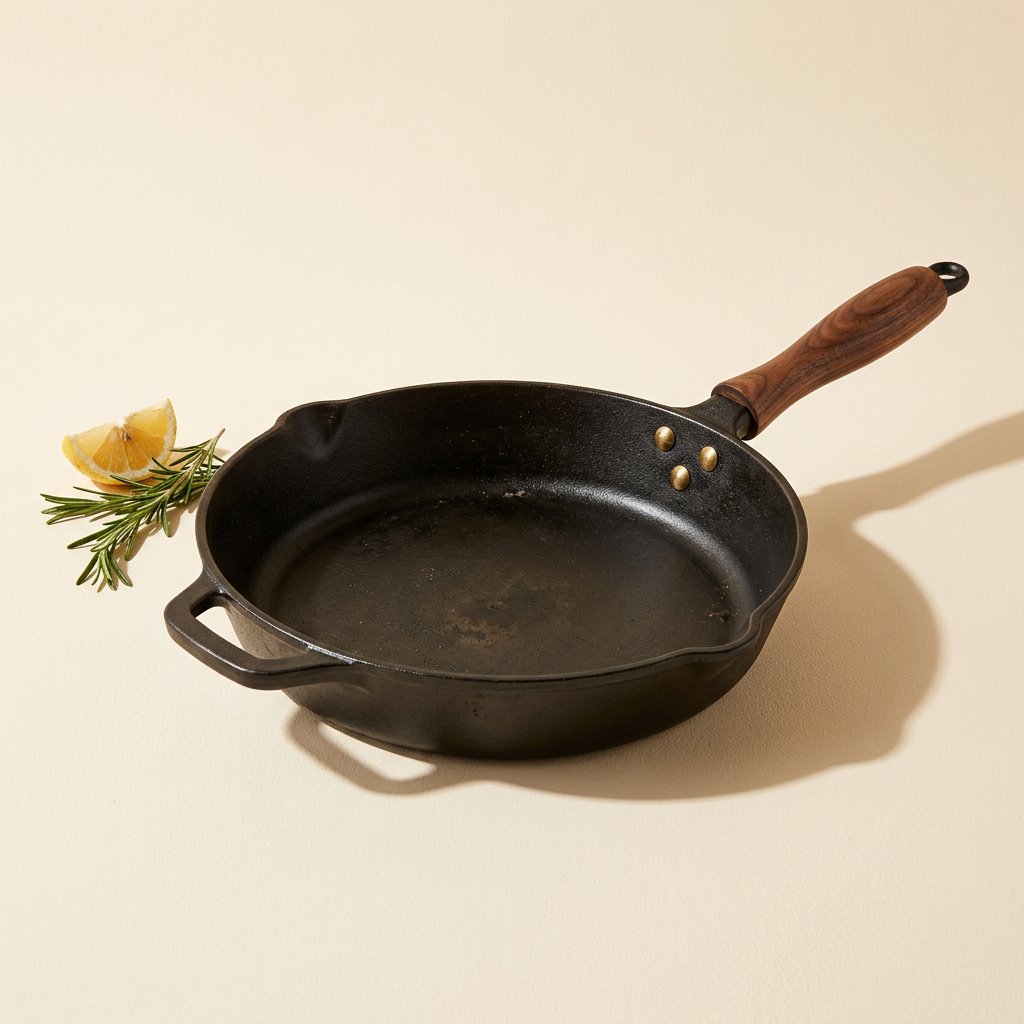 Cast iron skillet in warm studio light